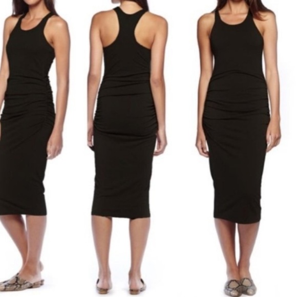 NWT MICHAEL STARS Halter Neck Racerback Ruched Sides Midi Dress Black - Picture 2 of 13